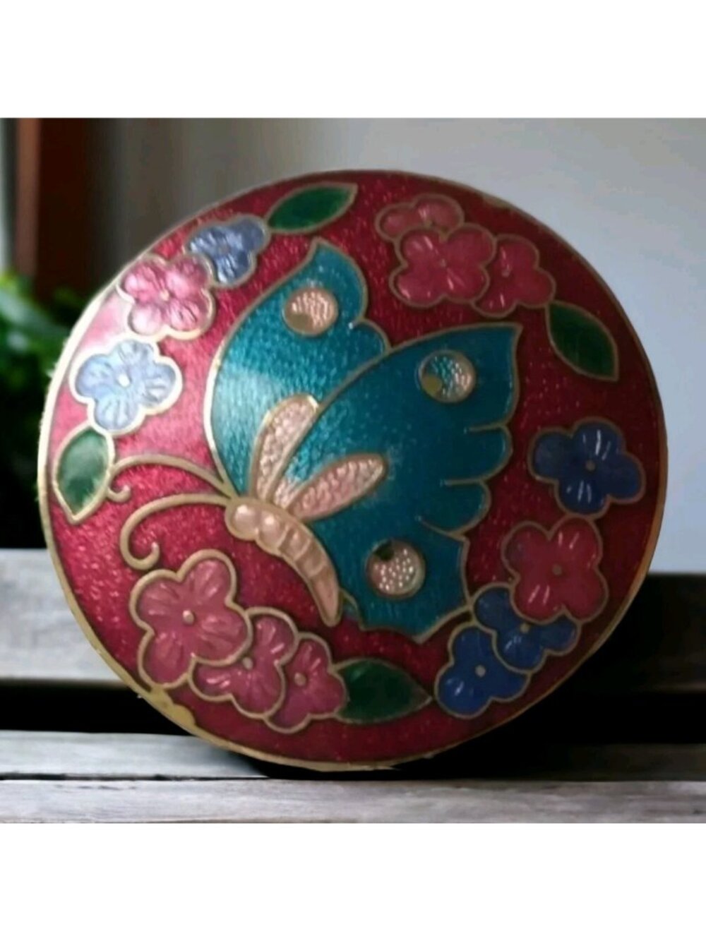 Vintage Cloisonne Butterfly Floral Brooch Pin Enamel on Brass Round Retro Fairy